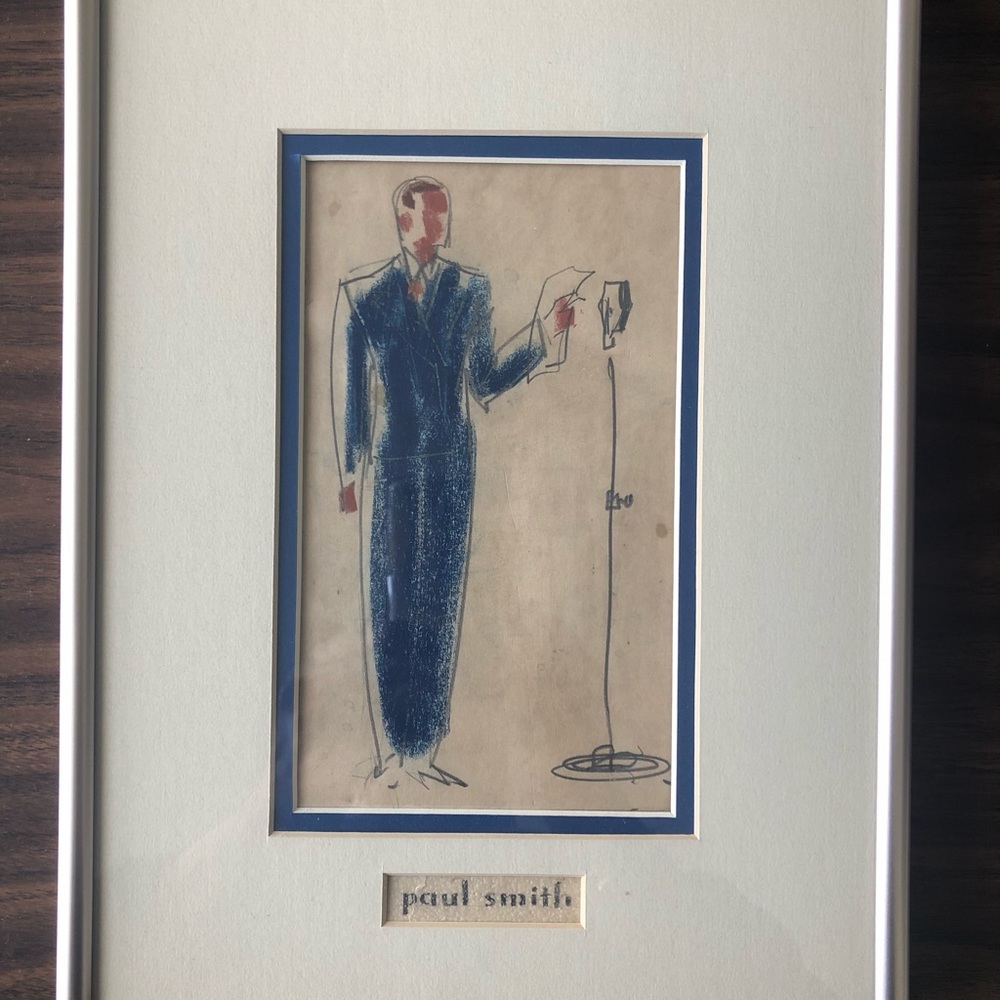 Famous British fashion designer Paul Smith original pencil and crayon drawing.